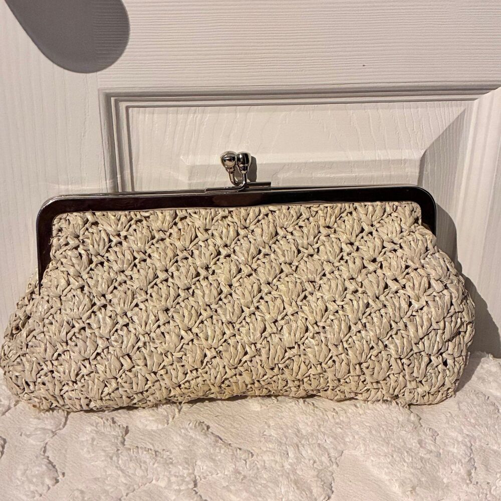 Rattan Cream Kisslock Clutch Small Handbag Made in Italy